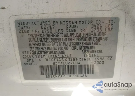 2017 Nissan Versa 1.6 Sv from USA, damaged, VIN 3N1CN7AP1HL846688